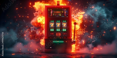 3D illustration slot machine with red lights explosion and smoke