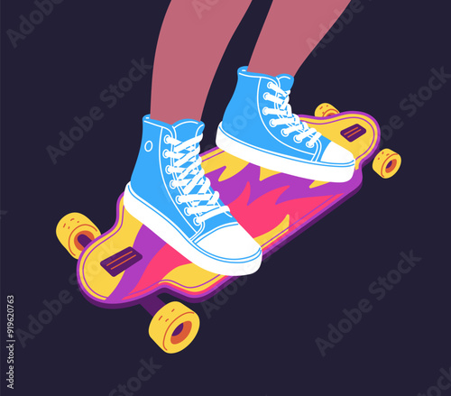 Human feet wearing blue sneakers on a colorful skateboard illustration.