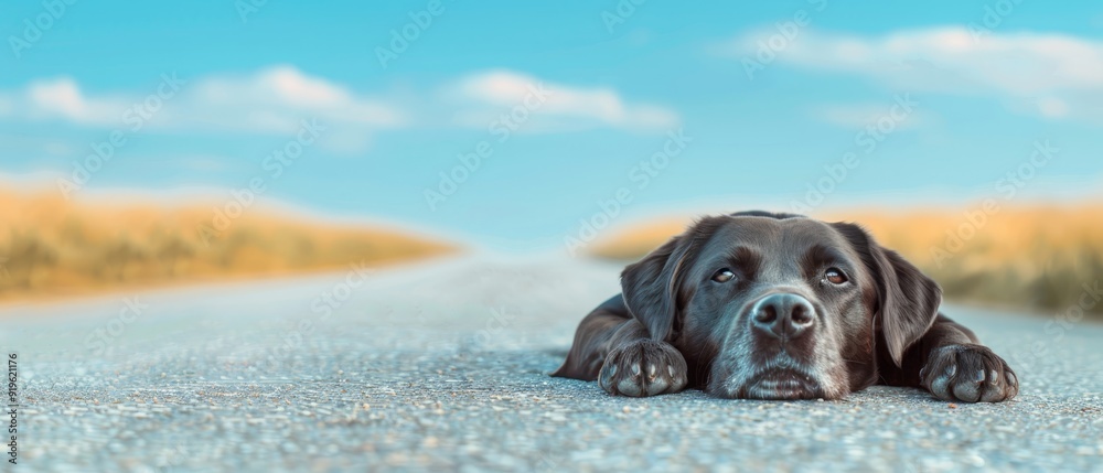 A detailed shot of a dog resting by the roadside Green grass beneath, expansive sky overhead A detailed shot of a dog resting by the roadside Green grass beneath, expansive sky overhead