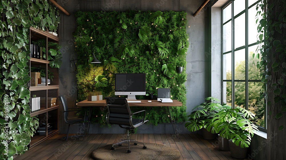 Obraz premium A green office with eco-friendly furniture, indoor plants, and sustainable materials, featuring a reclaimed wood desk, ergonomic chair, and recycled decor, large windows for natural light,