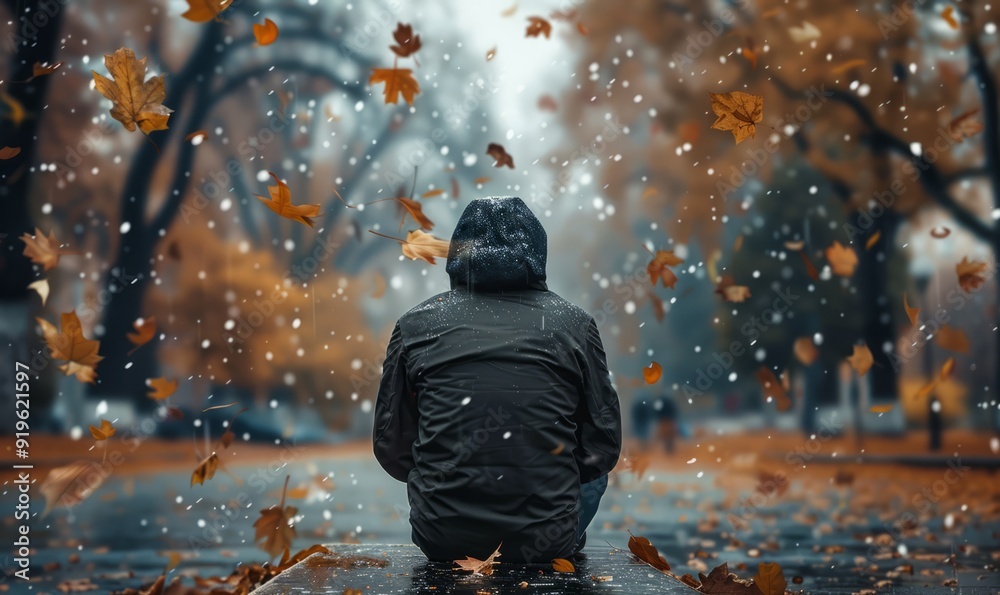 Pensive person in the rain, leaves falling gently, melancholy autumn day Pensive person in the rain, leaves falling gently, melancholy autumn day