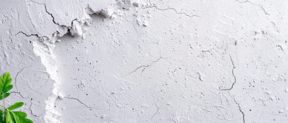 Fototapeta premium A white wall, peeling at edges, hosts a plant in its right corner
