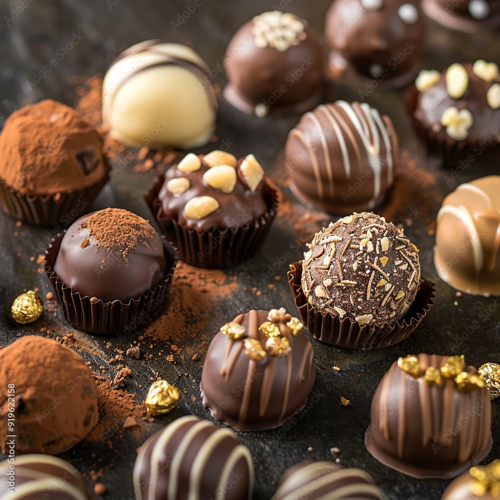 Close Up of Decadent Chocolate Truffles and Pralines Displayed Elegantly for World Chocolate Day Close Up of Decadent Chocolate Truffles and Pralines Displayed Elegantly for World Chocolate Day