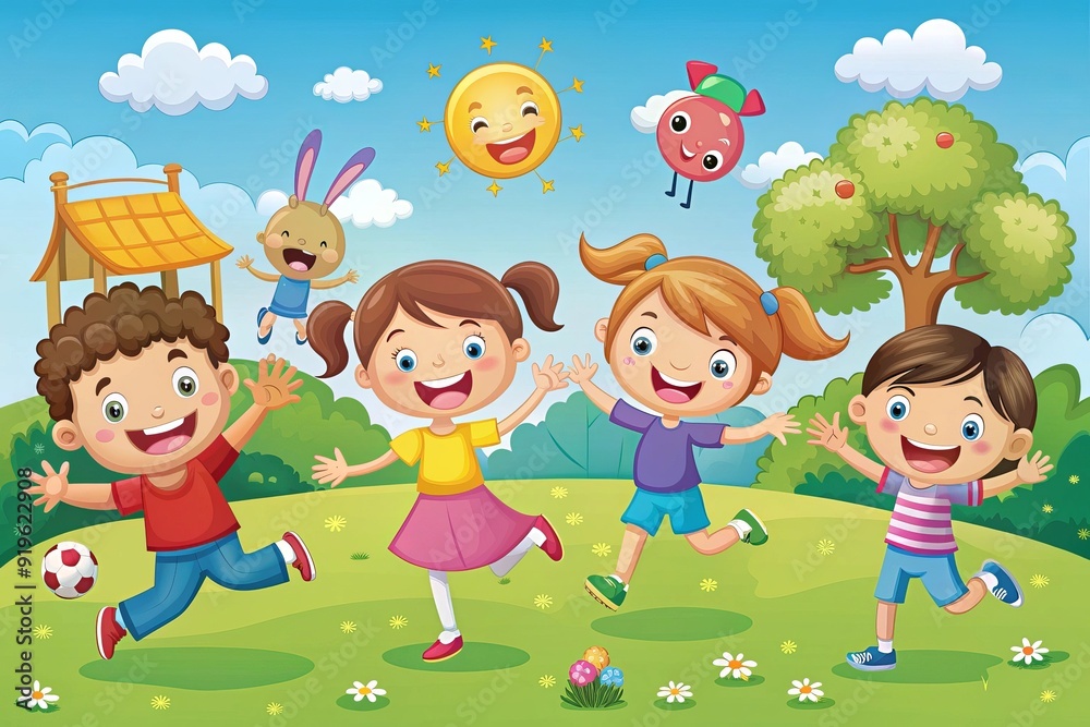 cartoon happy and funny scene with kids in the park illustration cartoon happy and funny scene with kids in the park illustration
