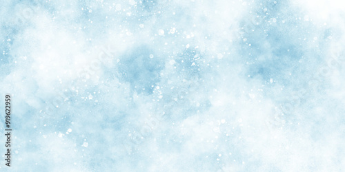 A winter background with snowflakes and randomized floating bokeh, blue snow background with clouds, light blue bokeh background for design, beautiful blue watercolor background with glitter particle.