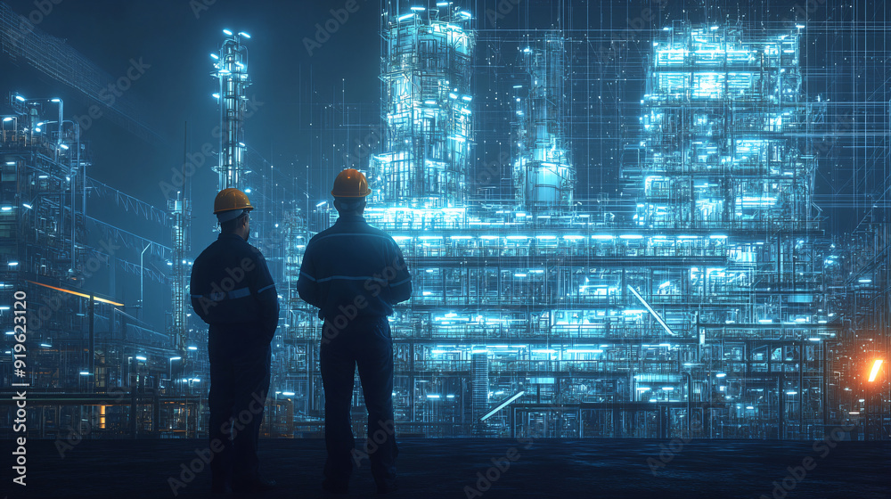 Industrial Workers Looking at Futuristic Factory. Industrial Workers Looking at Futuristic Factory.