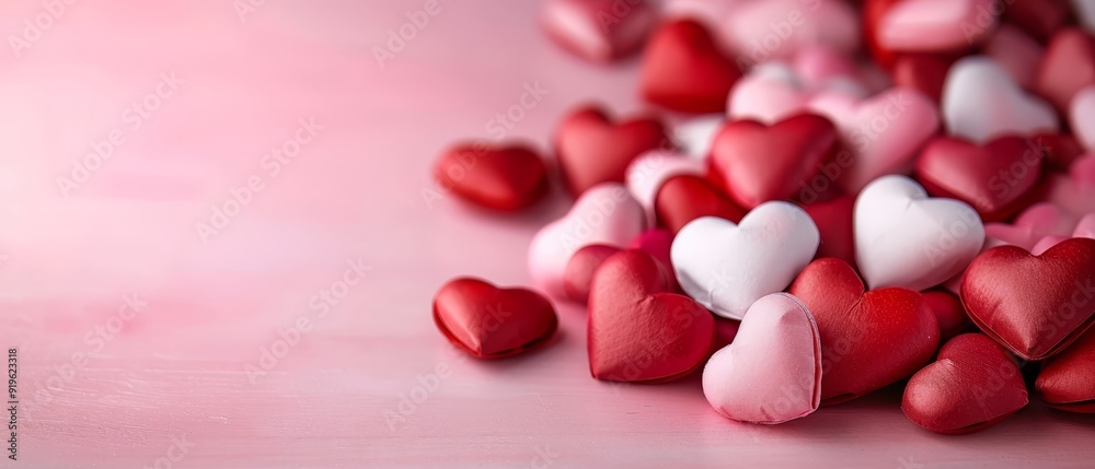 A red and white heart pile rests atop a pink table Nearby, a red and white wall stands A red and white heart pile rests atop a pink table Nearby, a red and white wall stands