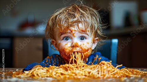 Playful Toddler in a Spaghetti Chaos Captured in Vivid Detail with Sauce Covered Face and a Delightfully Messy Dining Experience