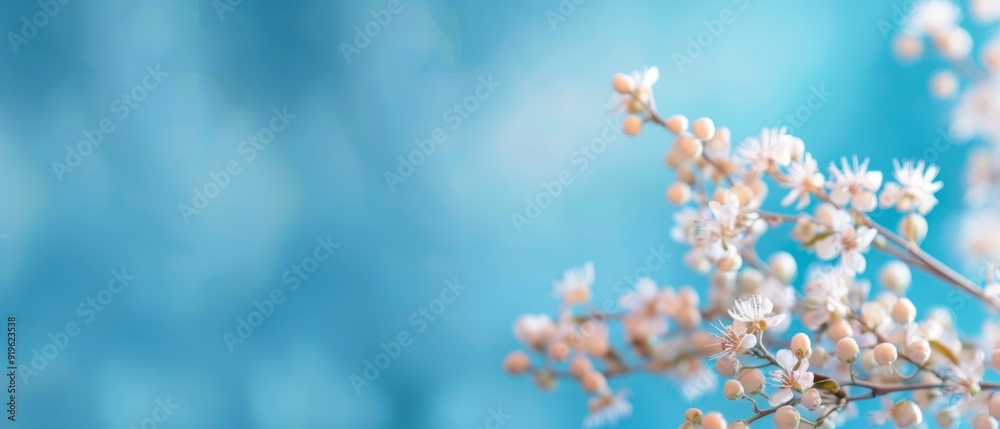 Small white flowers atop a blue surface; blurred sky behind Small white flowers atop a blue surface; blurred sky behind