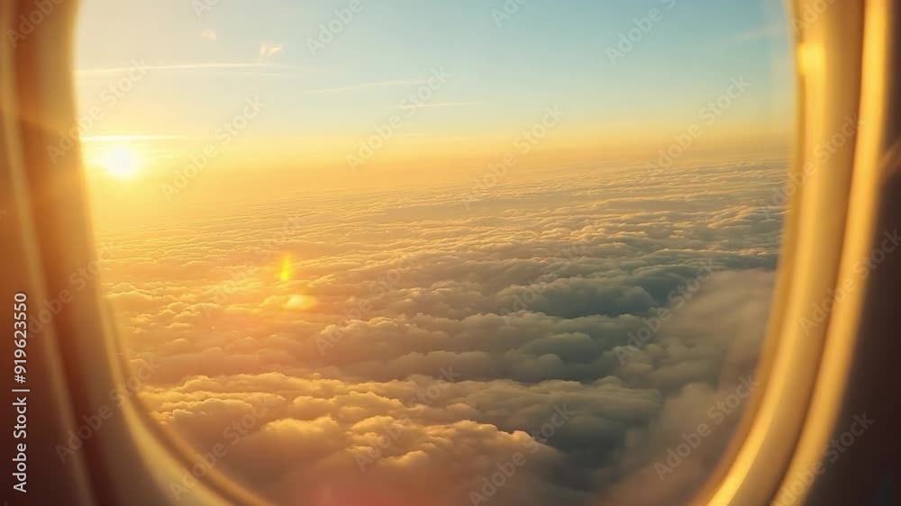 Airplane Window View of Sunrise Above Clouds. Airplane Window View of Sunrise Above Clouds.