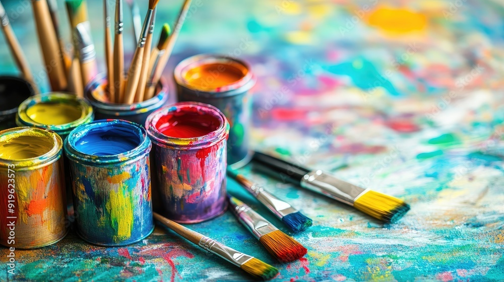 Open paint cans filled with vibrant colors, accompanied by brushes, ready for creative projects, against a neutral background. Open paint cans filled with vibrant colors, accompanied by brushes, ready for creative projects, against a neutral background.