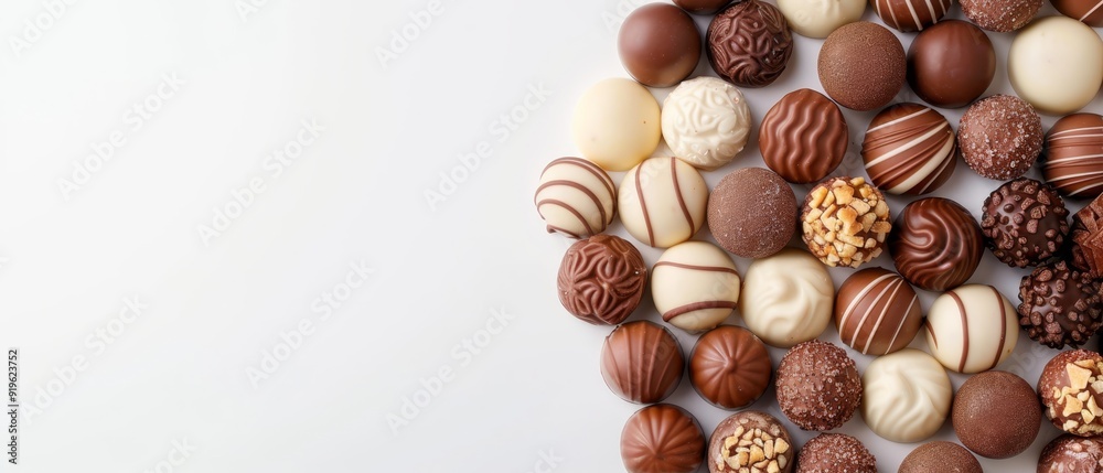 A white table holds a stack of various chocolates and a separate pile of walnuts A white table holds a stack of various chocolates and a separate pile of walnuts