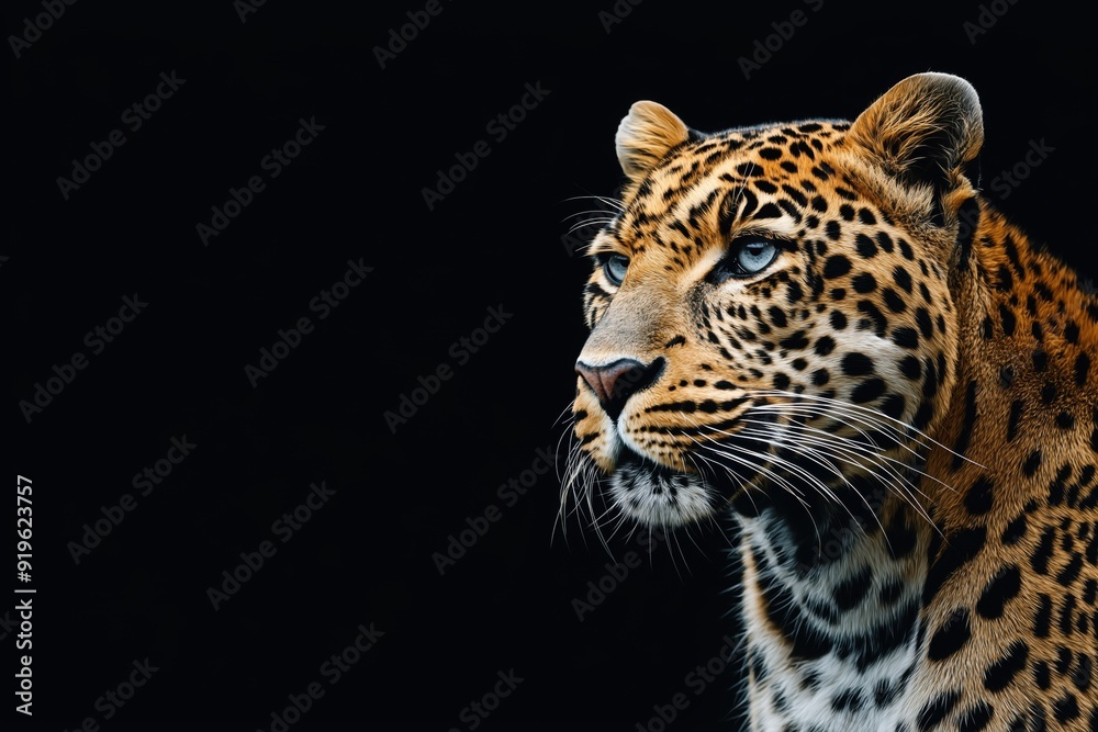 Photo of a leopard isolated against a black background, emphasising the leopard's majestic features. Wildlife and conservation concept, space for copy. Photo of a leopard isolated against a black background, emphasising the leopard's majestic features. Wildlife and conservation concept, space for copy.