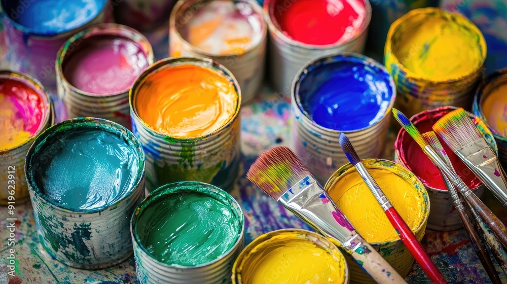 Paint cans showcasing a spectrum of bright colors, with brushes ready for painting, emphasizing creativity and expression. Paint cans showcasing a spectrum of bright colors, with brushes ready for painting, emphasizing creativity and expression.