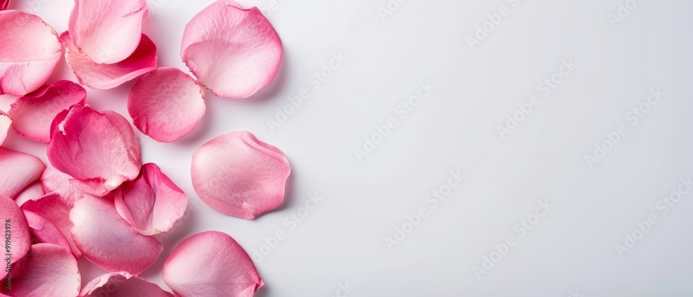 Fototapeta premium A pristine white backdrop showcases a mound of pink rose petals, ideal for accommodating text or an image on a card