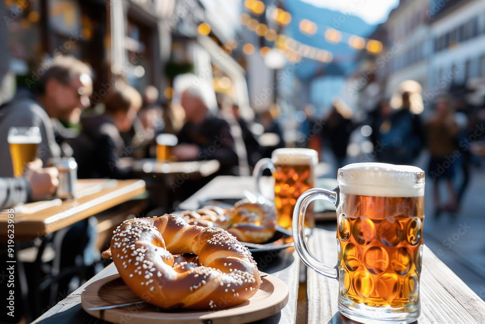 glasses of beer and pretzels on a table, during Octoberfest in the city street glasses of beer and pretzels on a table, during Octoberfest in the city street