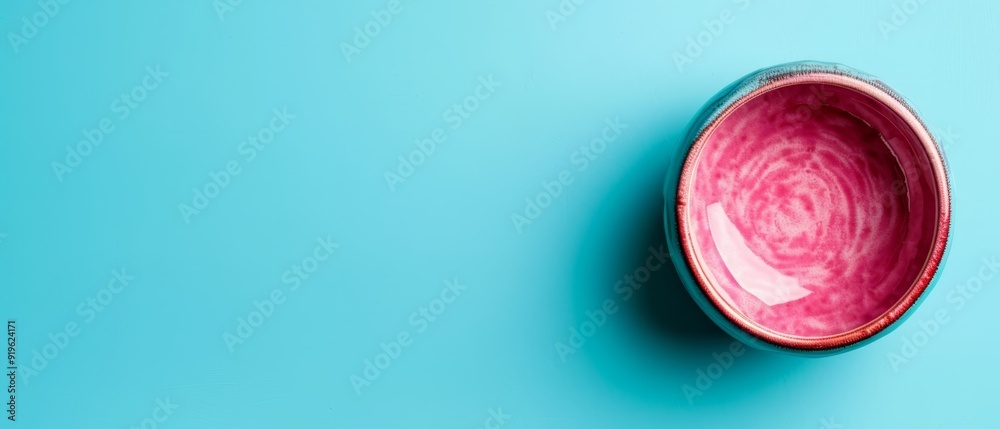  A tight shot of a pink bowl against a blue backdrop, lit softly from above, casting a gentle glow