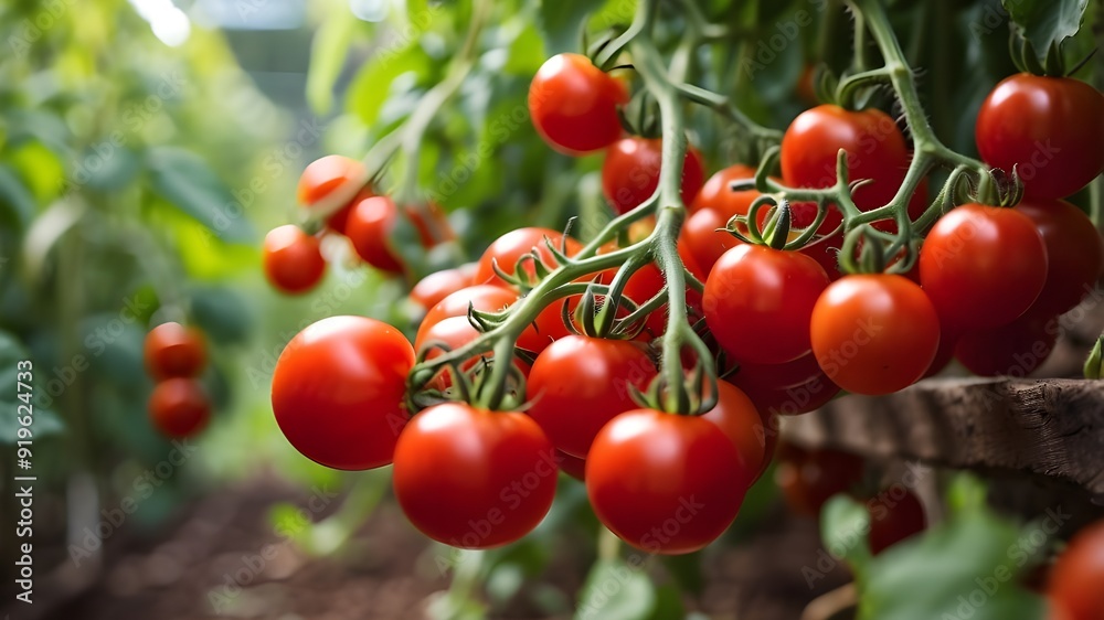 Cherry tomatoes that are ripe are grown in a greenhouse. A vibrant cluster of naturally red tomatoes in an organic produce garden. AI generative. Cherry tomatoes that are ripe are grown in a greenhouse. A vibrant cluster of naturally red tomatoes in an organic produce garden. AI generative.