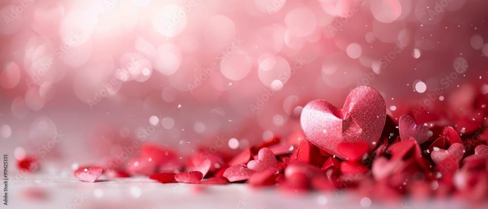  A few hearts atop a table, surrounded by a cluster of red hearts likewise placed