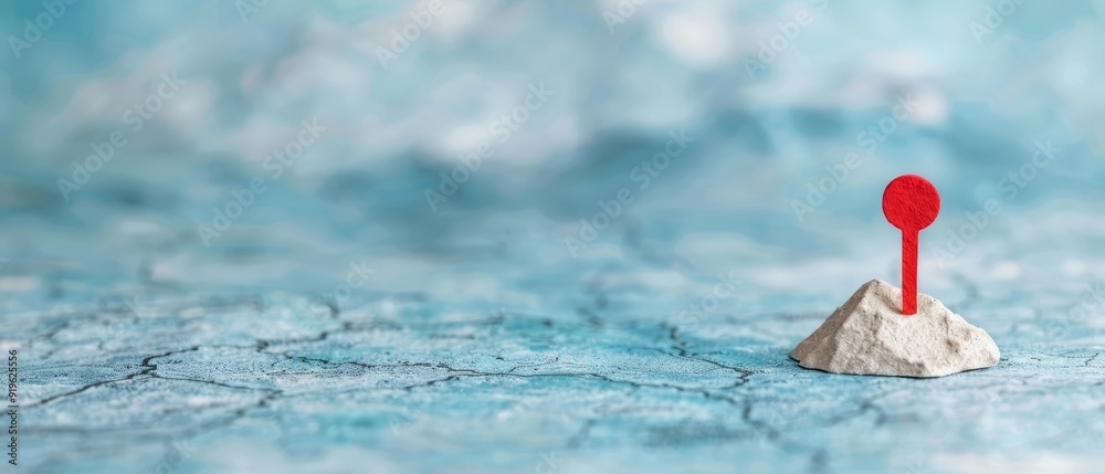 A rock with a red marker protruding, atop a blue-and-white cracked surface A rock with a red marker protruding, atop a blue-and-white cracked surface