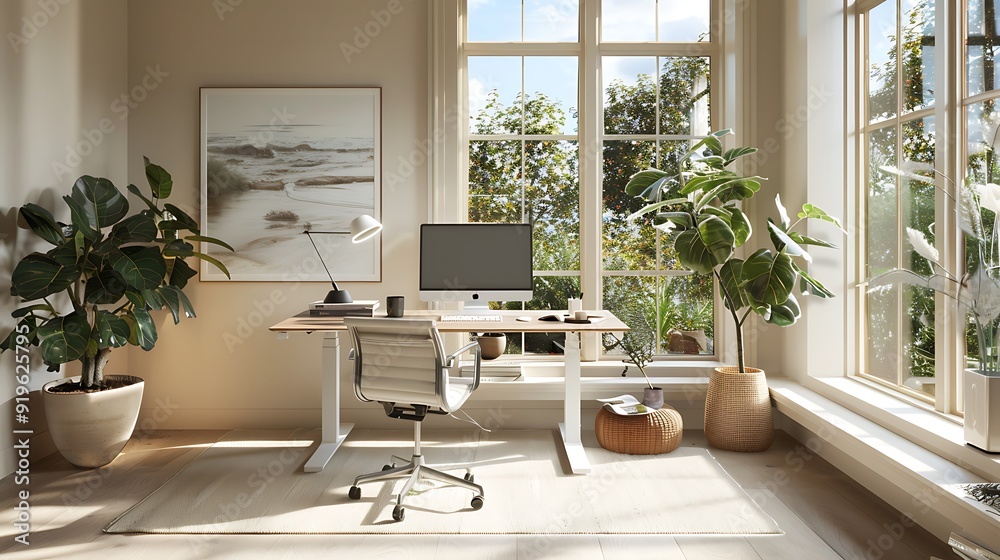 A modern minimalist workspace with a standing desk, clean lines, and ...
