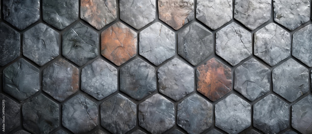 A close-up of hexagonal tiles with a rusted, patterned finish A close-up of hexagonal tiles with a rusted, patterned finish