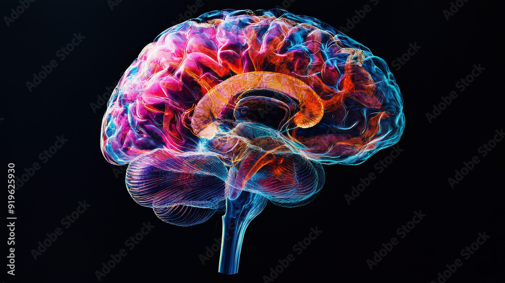 Colorful brain neuron pathways digital illustration: vibrant neural network on black background Colorful brain neuron pathways digital illustration: vibrant neural network on black background