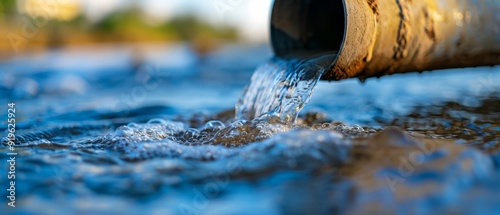  A tight shot of a leaking pipe, with water streaming out, against a hazy backdrop of distant trees