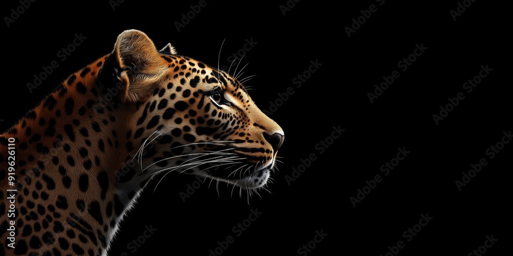 Obraz premium Photo of a leopard isolated against a black background, emphasising the leopard's majestic features. Wildlife and conservation concept, space for copy.