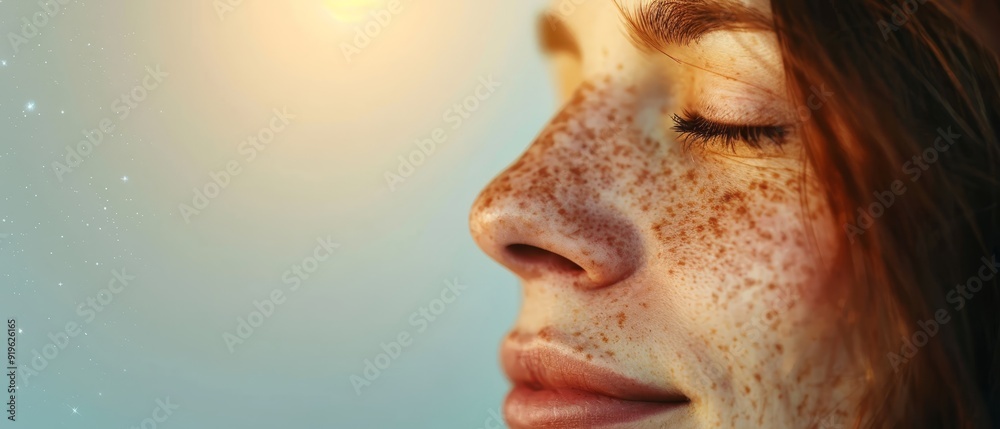  A close-up of a woman's face with numerous freckles dotting it