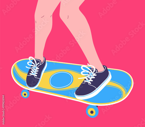 Teenager ride on skateboard view from above vector flat illustration, feet of person in sneakers on longboard on pink