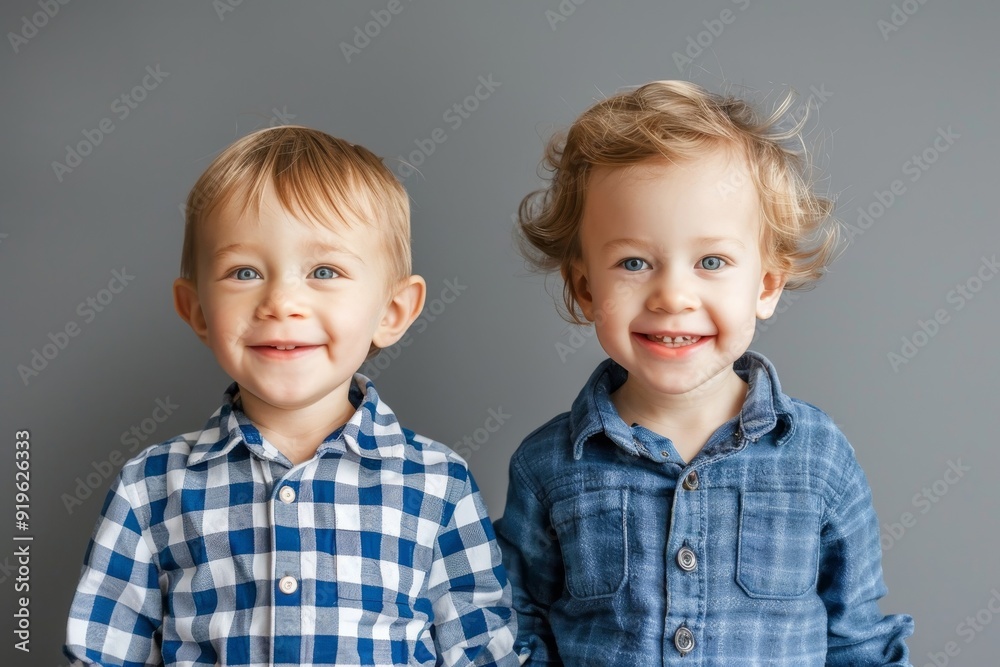 portrait of two happy little boys friends in blue checked shirts, Generative AI portrait of two happy little boys friends in blue checked shirts, Generative AI