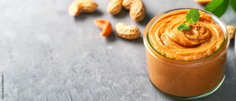 A jar of peanut butter atop the table, nearby are nuts and a single green leaf beside it A jar of peanut butter atop the table, nearby are nuts and a single green leaf beside it
