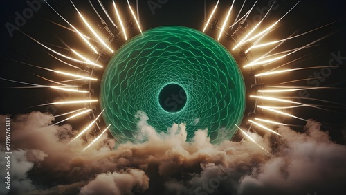 Green abstract stage background with spotlights and smoke. Generative AI