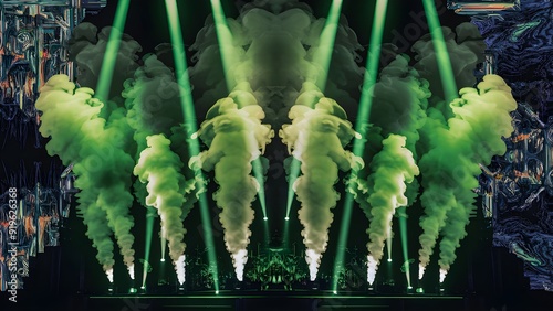 Green abstract stage background with spotlights and smoke. Generative AI