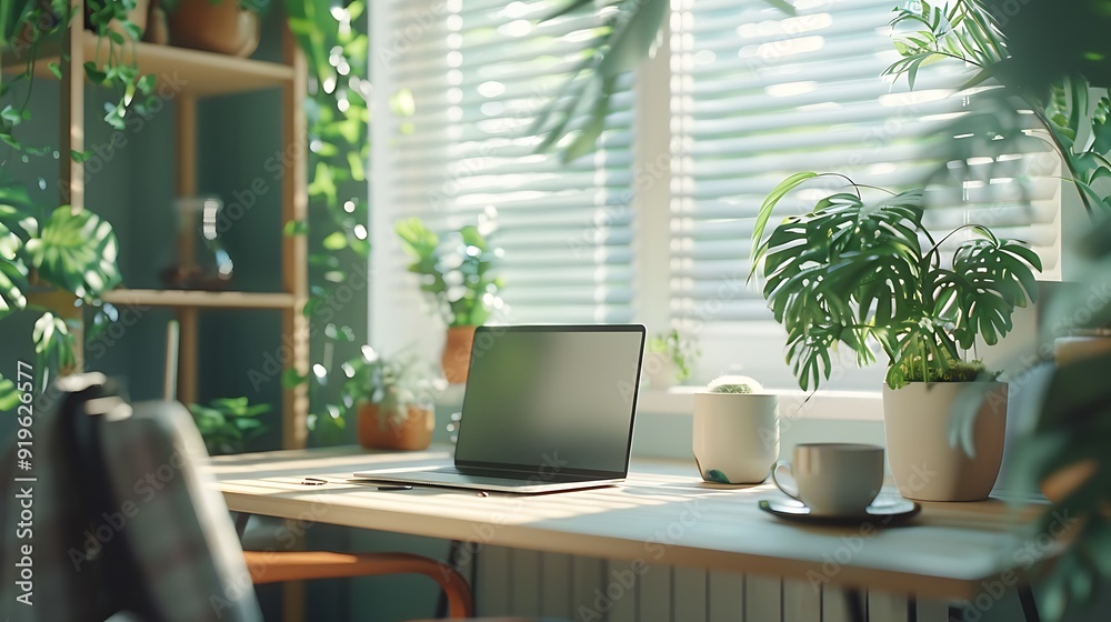 A personalized freelancer's nook with a minimalistic desk, an ergonomic chair, and a few decor items, featuring a laptop, a cup of tea, and some greenery, A personalized freelancer's nook with a minimalistic desk, an ergonomic chair, and a few decor items, featuring a laptop, a cup of tea, and some greenery,