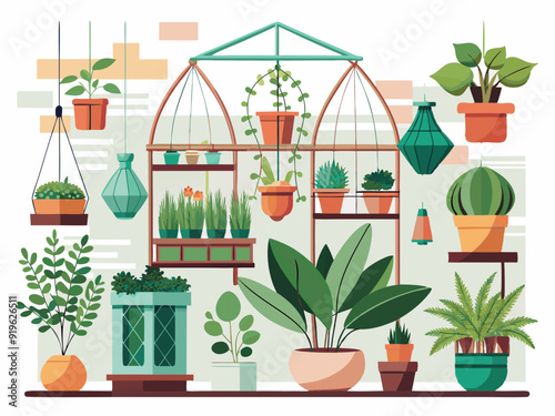 Indoor plants with decorative greenhouse elements. Green plants standing in pots on shelves, hanging in planter, macrame at cozy interior isolated on white background. Vector set
