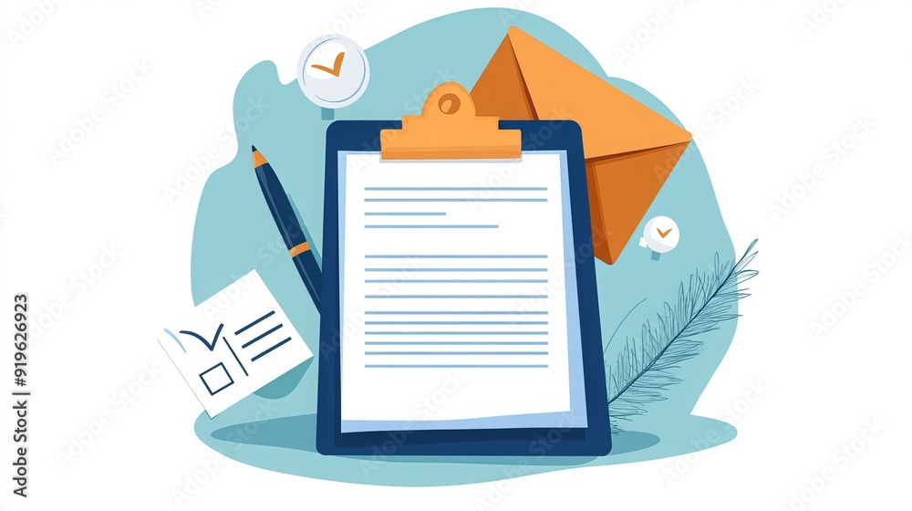 A vector image featuring a clipboard, envelope, and pen. A vector image featuring a clipboard, envelope, and pen.