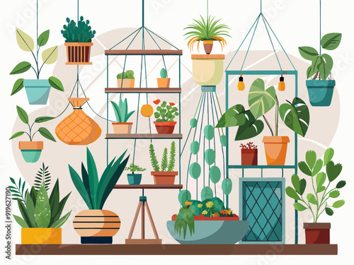 Indoor plants with decorative greenhouse elements. Green plants standing in pots on shelves, hanging in planter, macrame at cozy interior isolated on white background. Vector set
