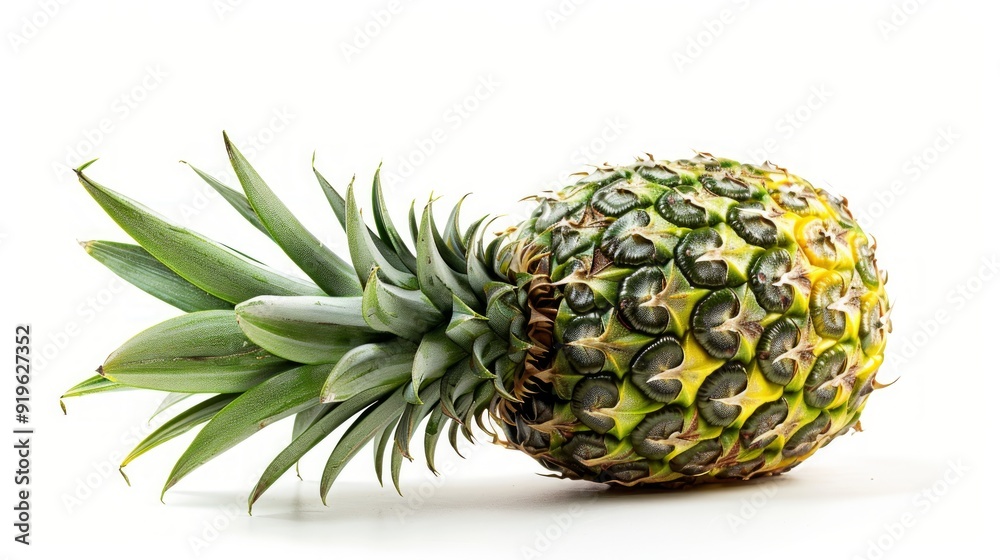 A whole pineapple with its textured skin and spiky crown, isolated on a white background A whole pineapple with its textured skin and spiky crown, isolated on a white background