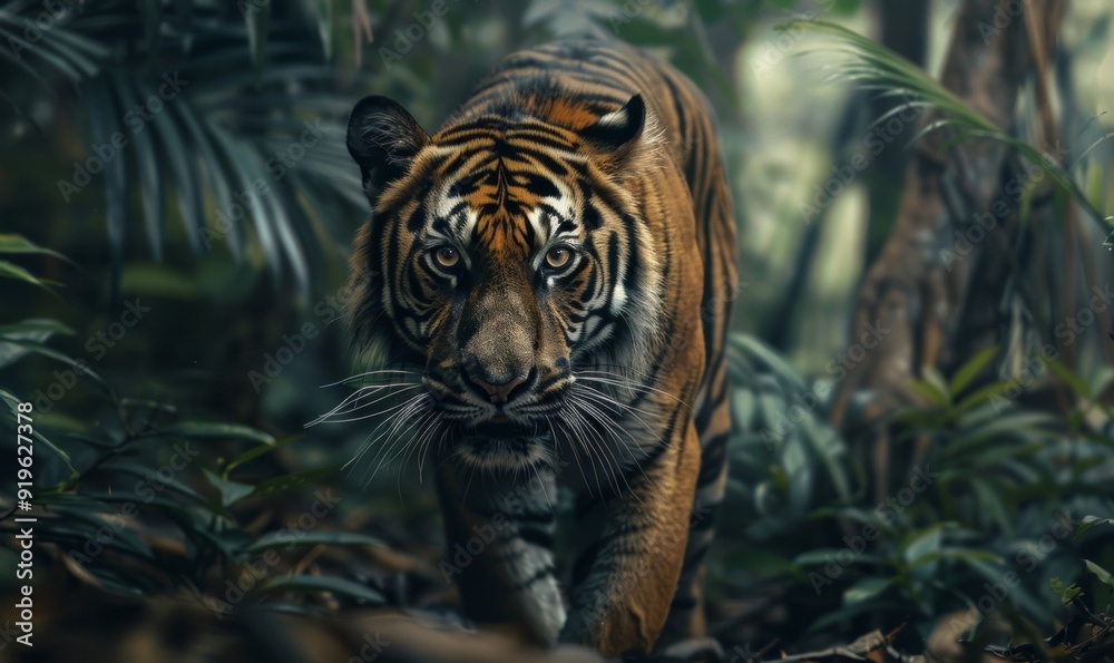 Fototapeta premium Powerful tiger prowling through dense jungle, fierce and majestic