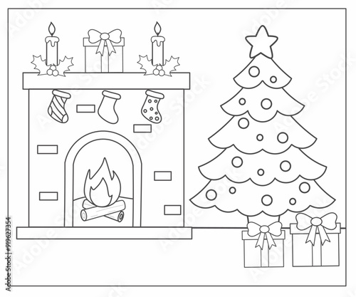 Fireplace and christmas tree coloring page for kids, Fireplace and christmas tree outline black and white, christmas coloring page activity for kindergarten 
