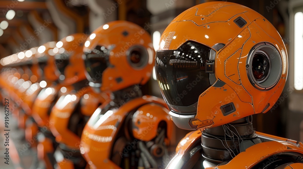 Line of humanoid robots in orange armor, advanced robotics and AI technology in a futuristic setting Line of humanoid robots in orange armor, advanced robotics and AI technology in a futuristic setting