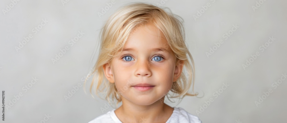 A serious-looking blonde girl with blue eyes and a white T-shirt gazes at the camera A serious-looking blonde girl with blue eyes and a white T-shirt gazes at the camera