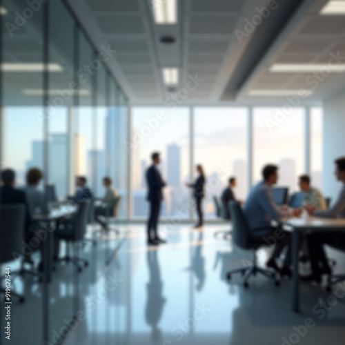Abstract blurred interior modern office space with business people working banner background with copy space.