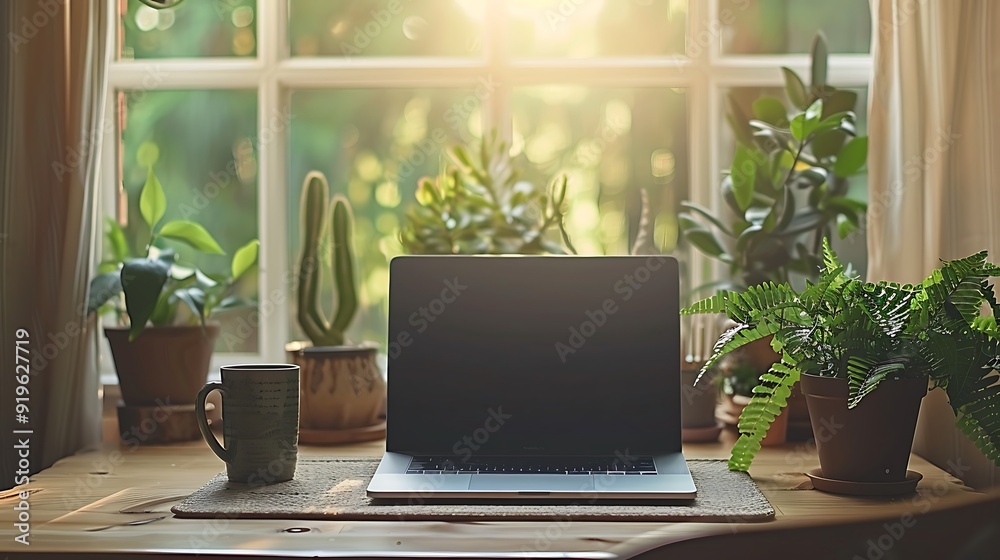 A small and efficient freelancer's nook with a minimalistic desk, an ergonomic chair, and a few decor items, featuring a laptop, a coffee mug, and some greenery, with soft natural light, hd quality, A small and efficient freelancer's nook with a minimalistic desk, an ergonomic chair, and a few decor items, featuring a laptop, a coffee mug, and some greenery, with soft natural light, hd quality,