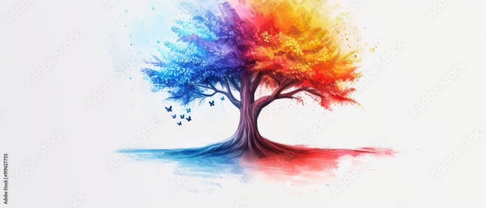 Obraz premium A tree boasting multicolored leaves against a pristine white backdrop, adorned with watercolor splashes on its trunk and branches