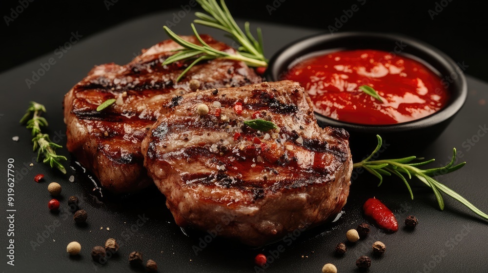 Succulent grilled meat accompanied by tomato sauce and a garnish of spices, presented on a dark, sophisticated background. Succulent grilled meat accompanied by tomato sauce and a garnish of spices, presented on a dark, sophisticated background.