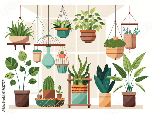 Indoor plants with decorative greenhouse elements. Green plants standing in pots on shelves, hanging in planter, macrame at cozy interior isolated on white background. Vector set
