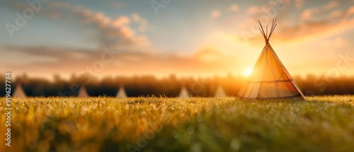 Fototapeta Naklejka Na Ścianę i Meble -   A teepee in a field, sun setting behind, trees in background